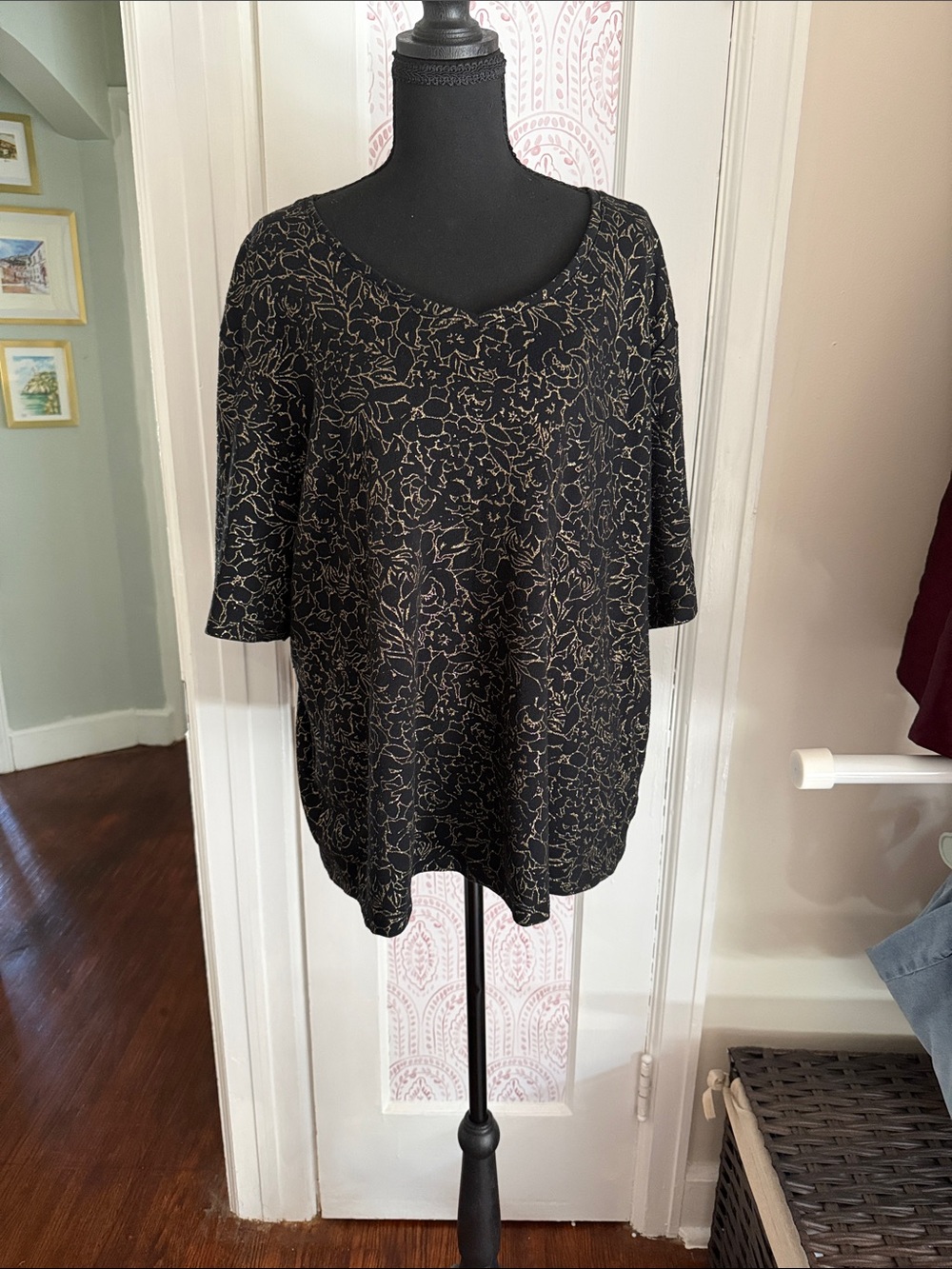 Karen Scott Black Top with Gold Floral Outline